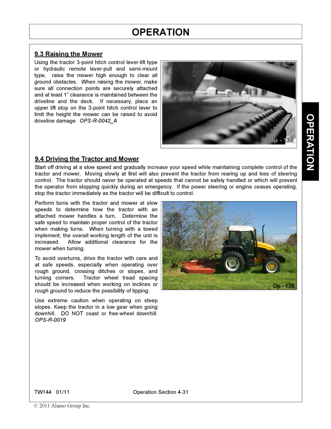 Rhino Mounts TW144 manual Raising the Mower, Driving the Tractor and Mower 