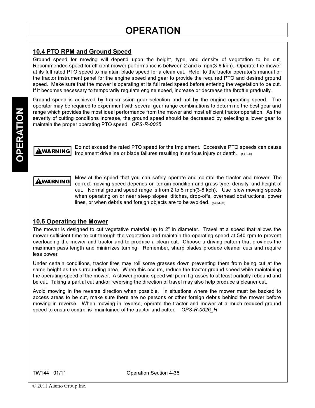 Rhino Mounts TW144 manual PTO RPM and Ground Speed, Operating the Mower 