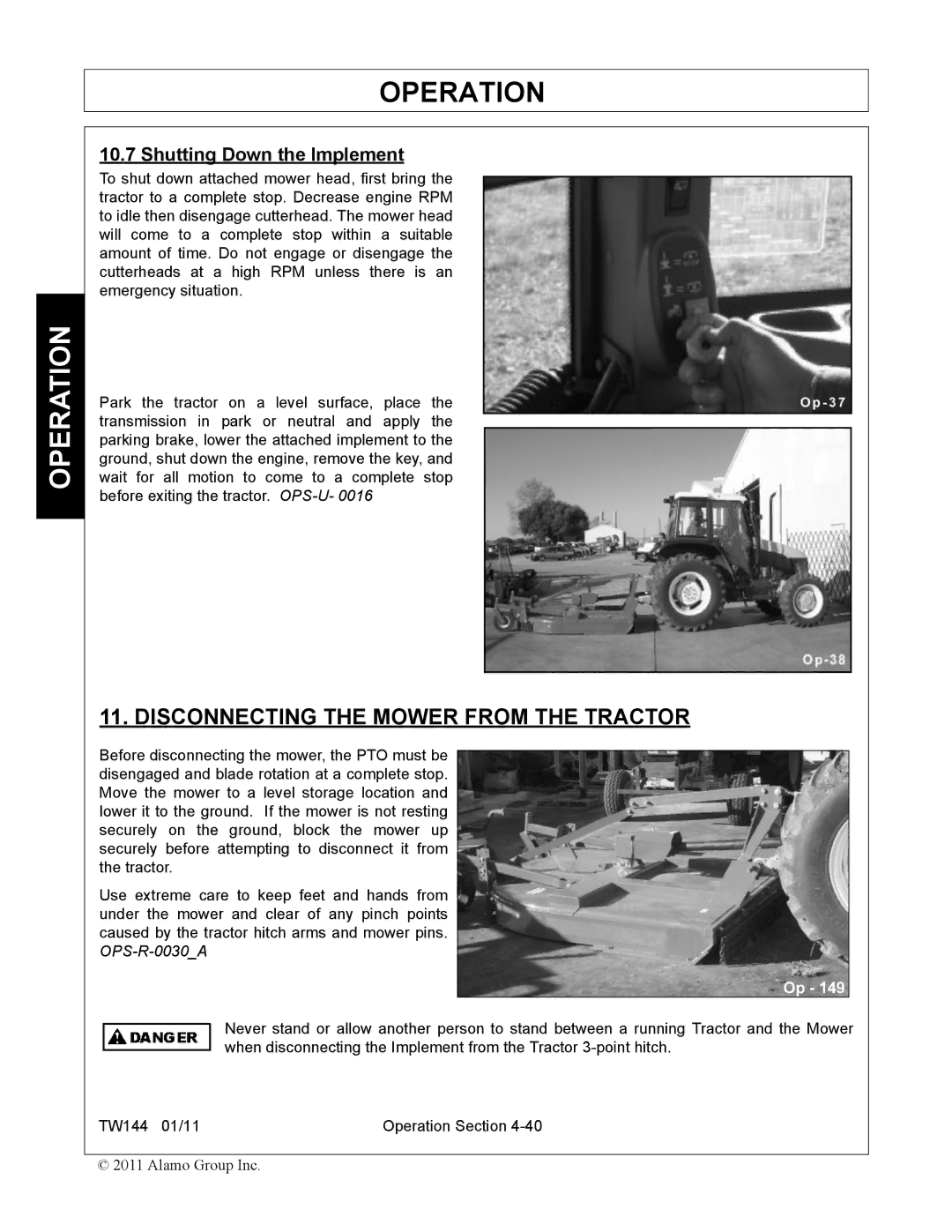 Rhino Mounts TW144 manual Disconnecting the Mower from the Tractor, Shutting Down the Implement 