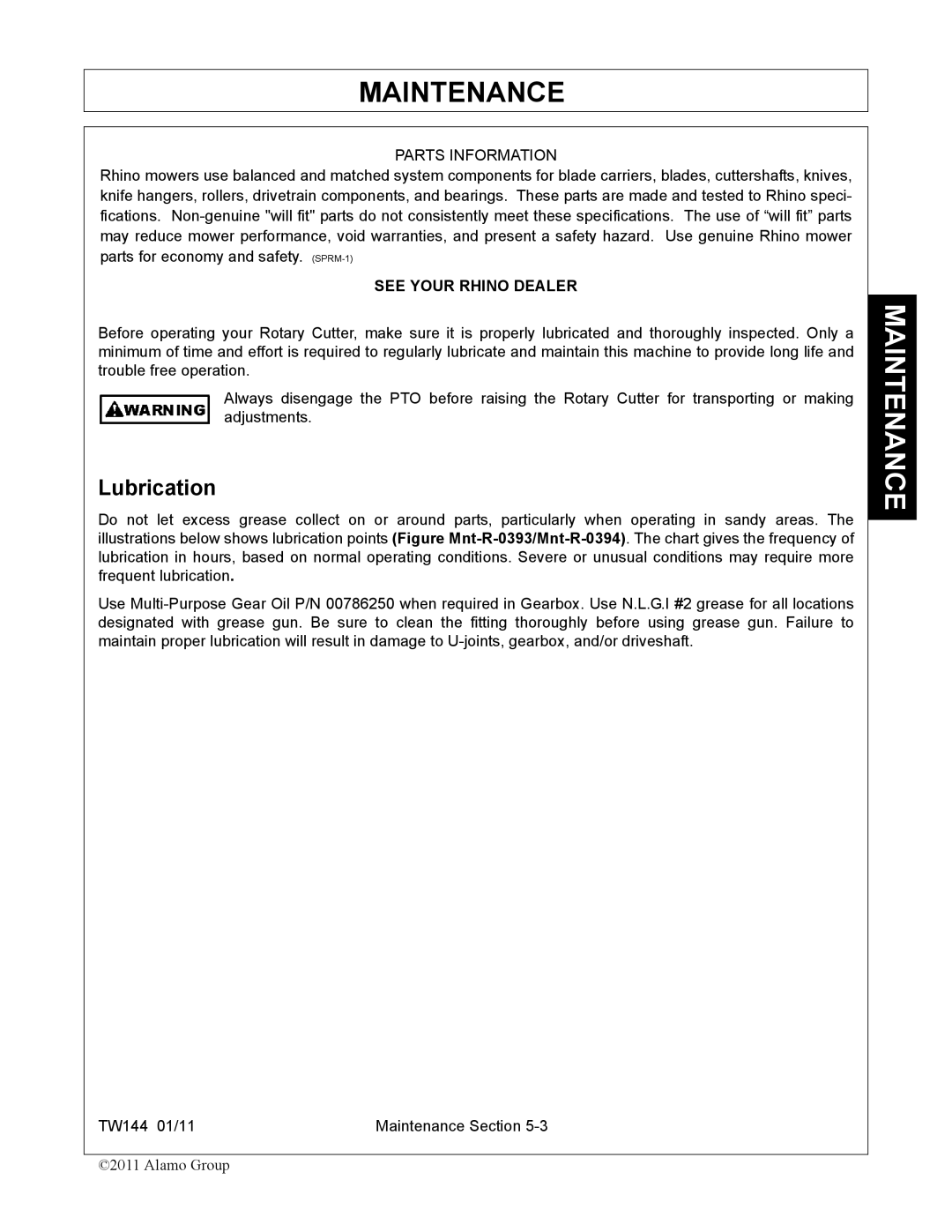 Rhino Mounts TW144 manual Lubrication 