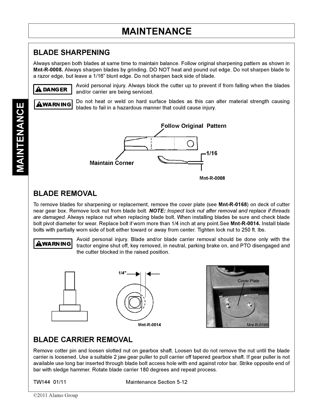 Rhino Mounts TW144 manual Blade Sharpening, Blade Removal, Blade Carrier Removal 