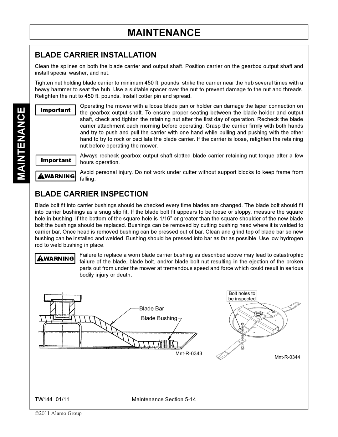 Rhino Mounts TW144 manual Blade Carrier Installation, Blade Carrier Inspection 