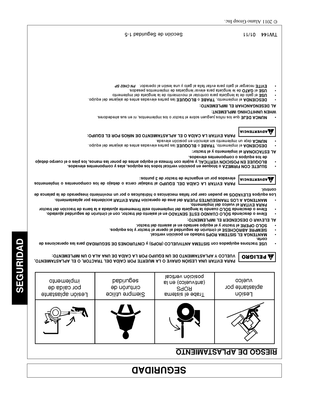 Rhino Mounts TW144 manual Aplastamiento DE Riesgo, Implemento EL Desenganchar AL Implement Unhitching When 