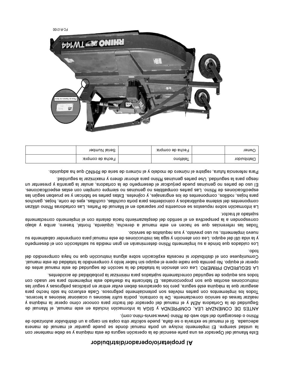 Rhino Mounts TW144 manual Propietario/operador/distribuidor Al 