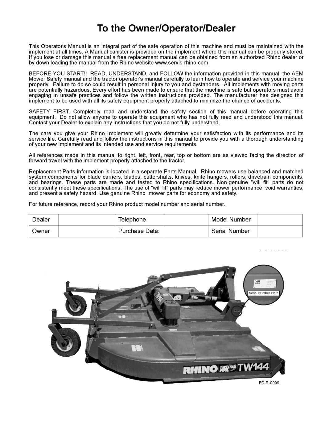 Rhino Mounts TW144 manual To the Owner/Operator/Dealer 