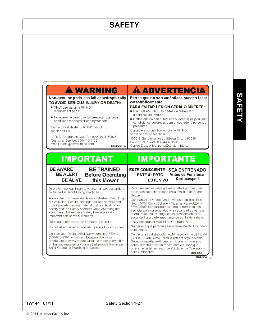 Rhino Mounts TW144 manual Safety 