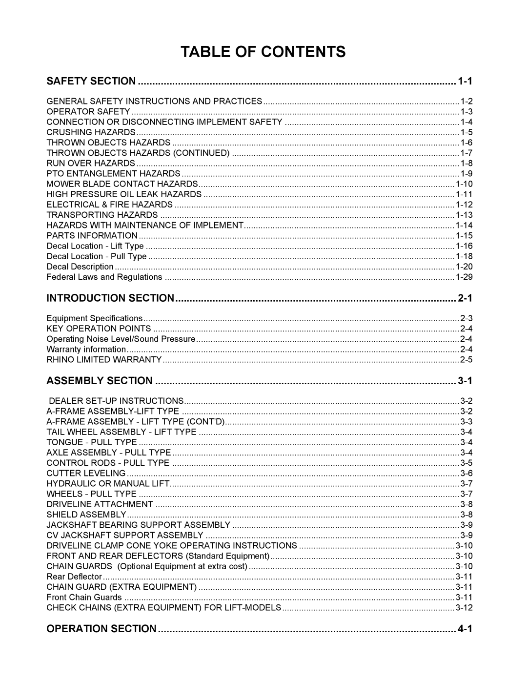 Rhino Mounts TW144 manual Table of Contents 