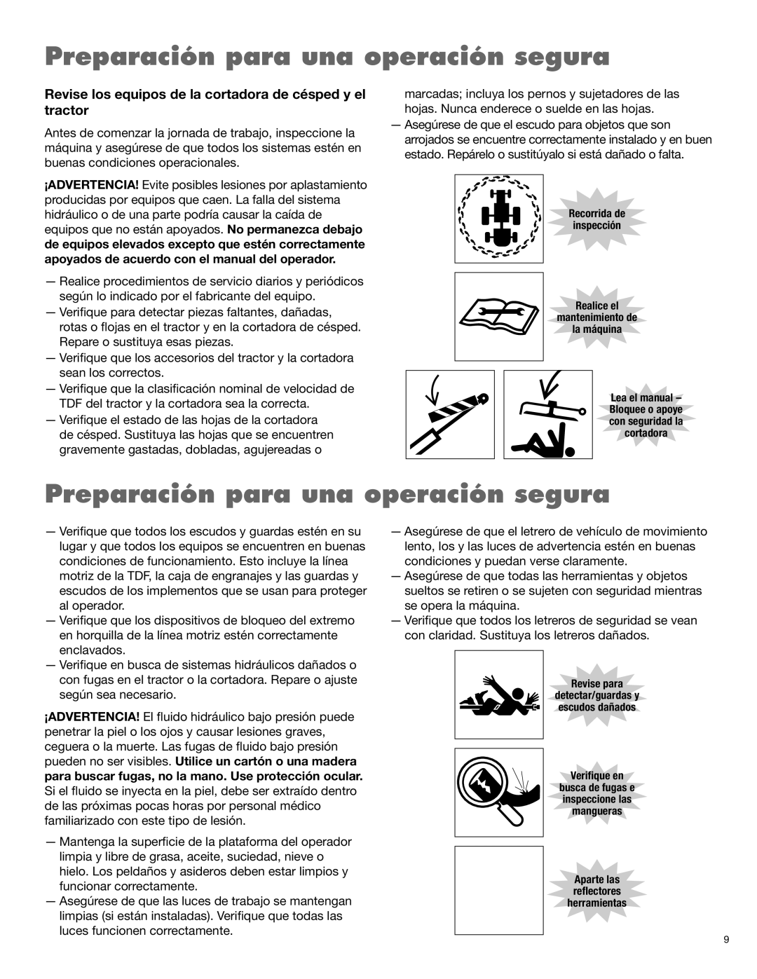 Rhino Mounts TW144 manual Preparación para una operación segura, Revise los equipos de la cortadora de césped y el tractor 