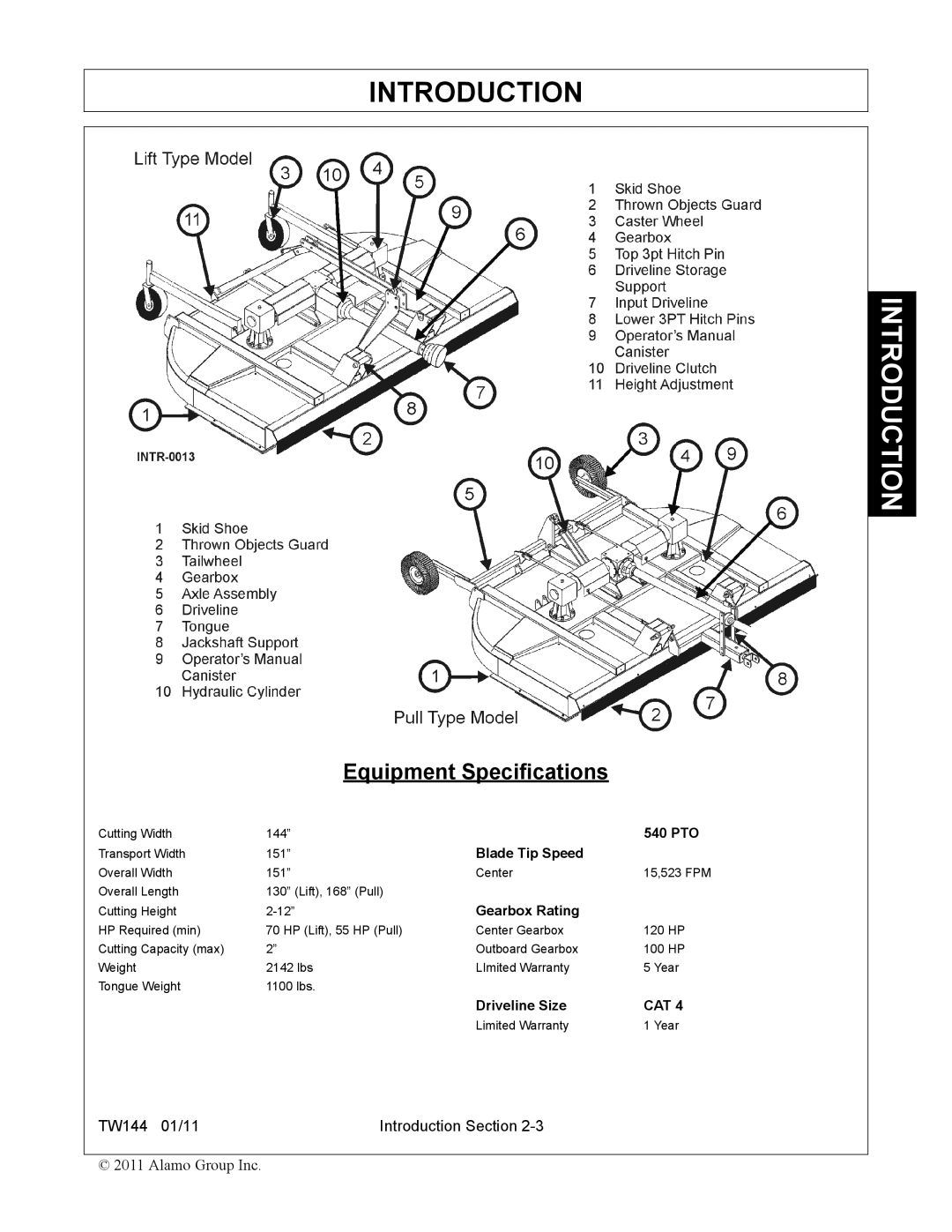 Rhino Mounts TW144 manual Equipment Specifications 