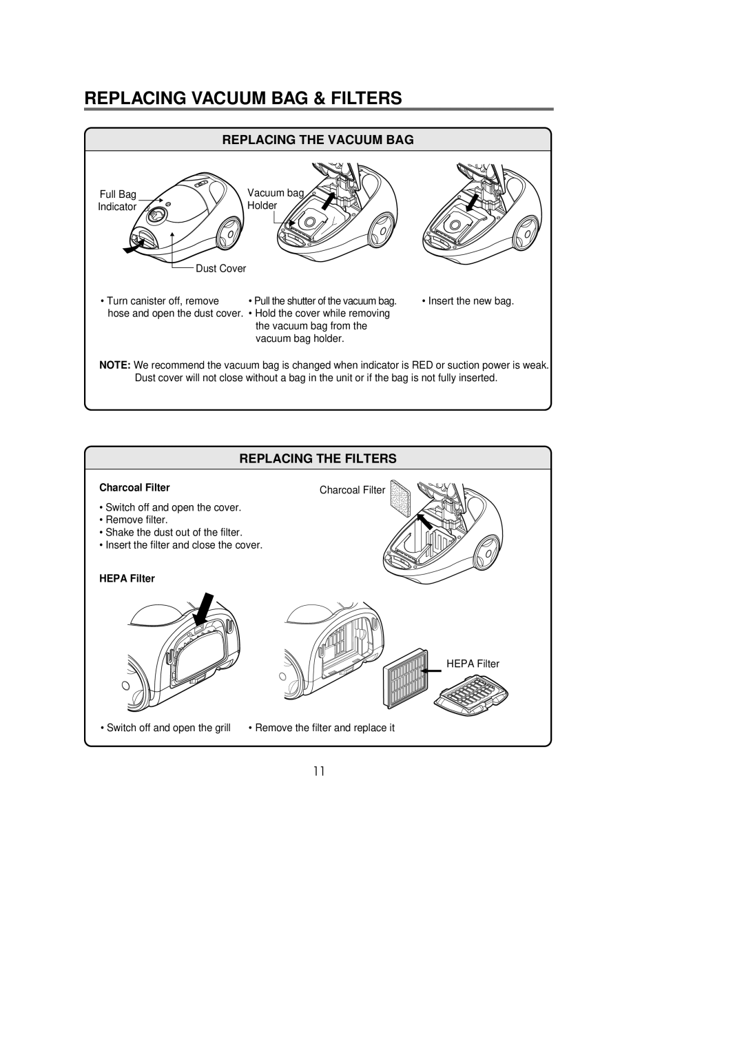 Riccar 1500P Replacing Vacuum BAG & Filters, Replacing the Vacuum BAG, Replacing the Filters, Charcoal Filter, Hepa Filter 