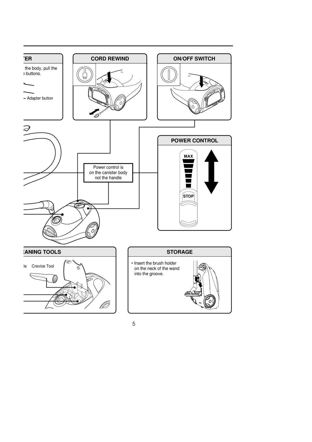 Riccar 1500P manual TER Cord Rewind, ON/OFF Switch Power Control, Eaning Tools, Storage 