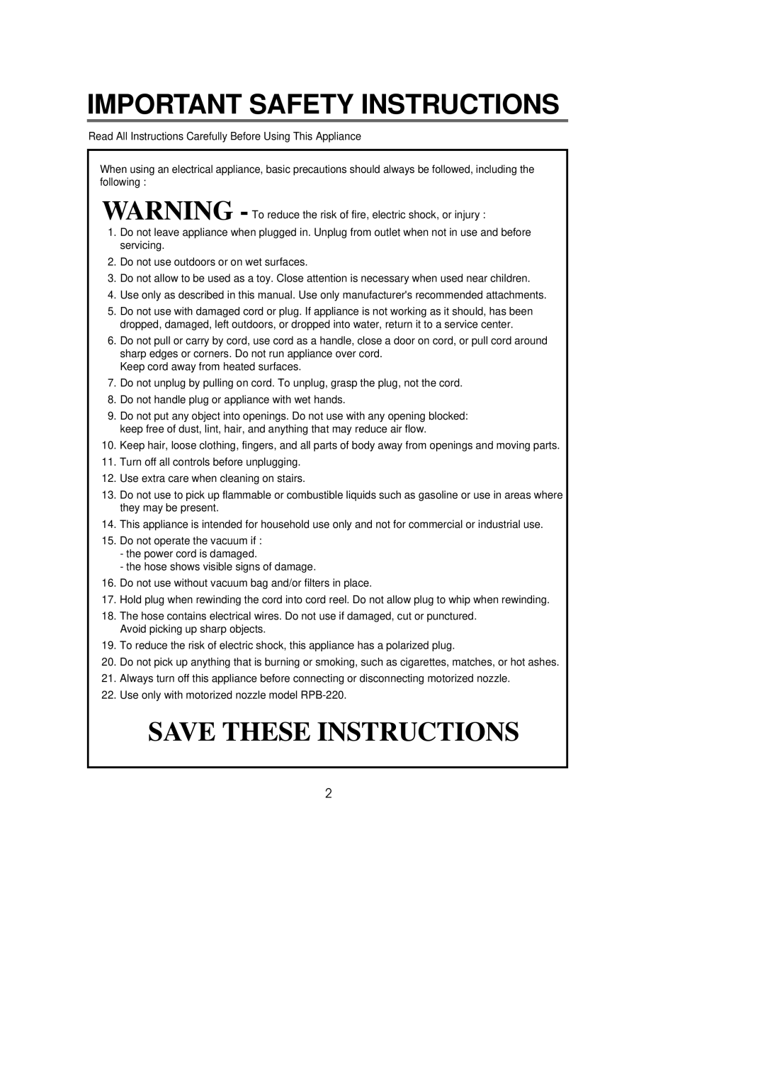 Riccar 1500P manual Important Safety Instructions, Save These Instructions 