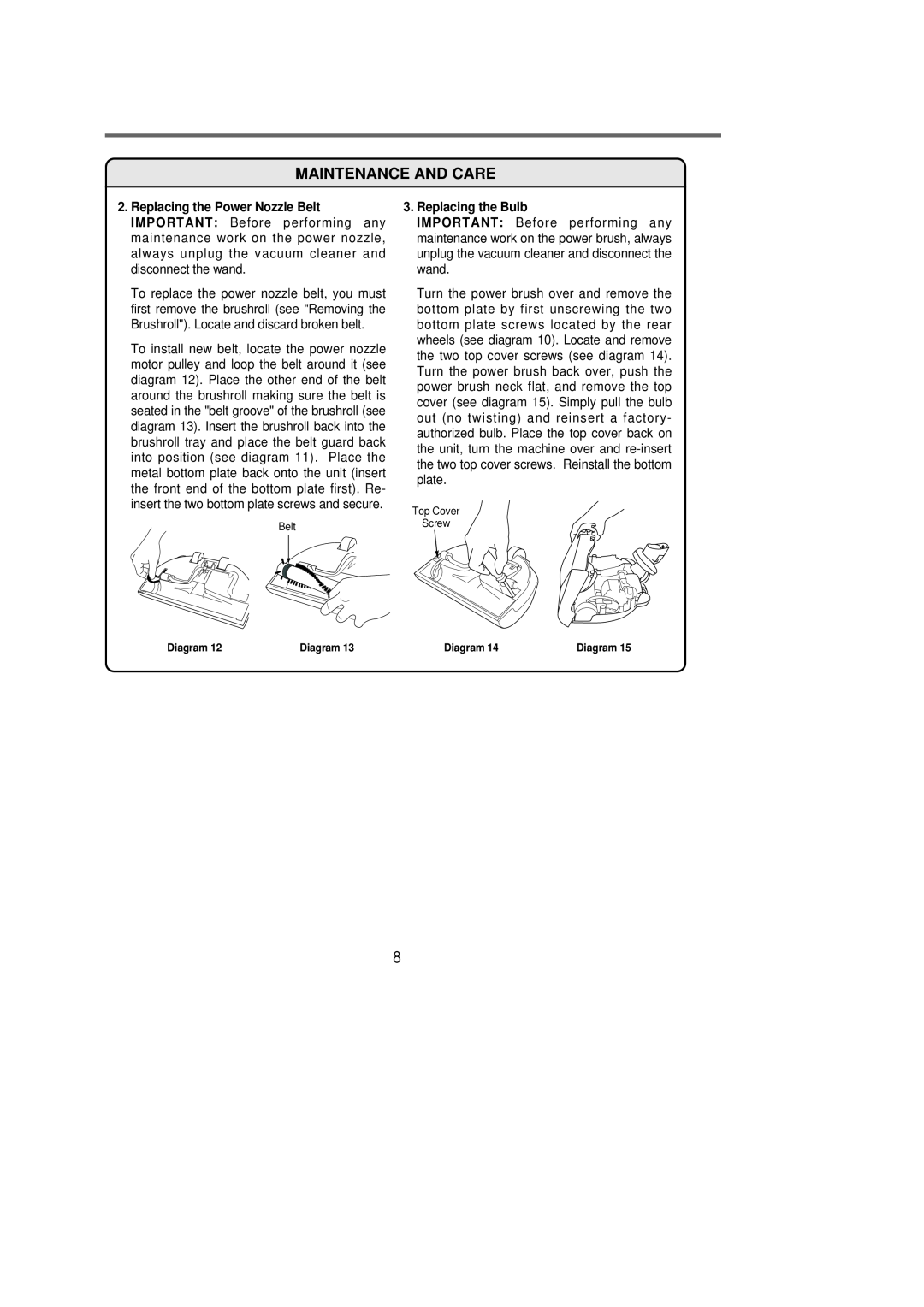 Riccar 1500P manual Replacing the Bulb, Belt, Top Cover Screw 