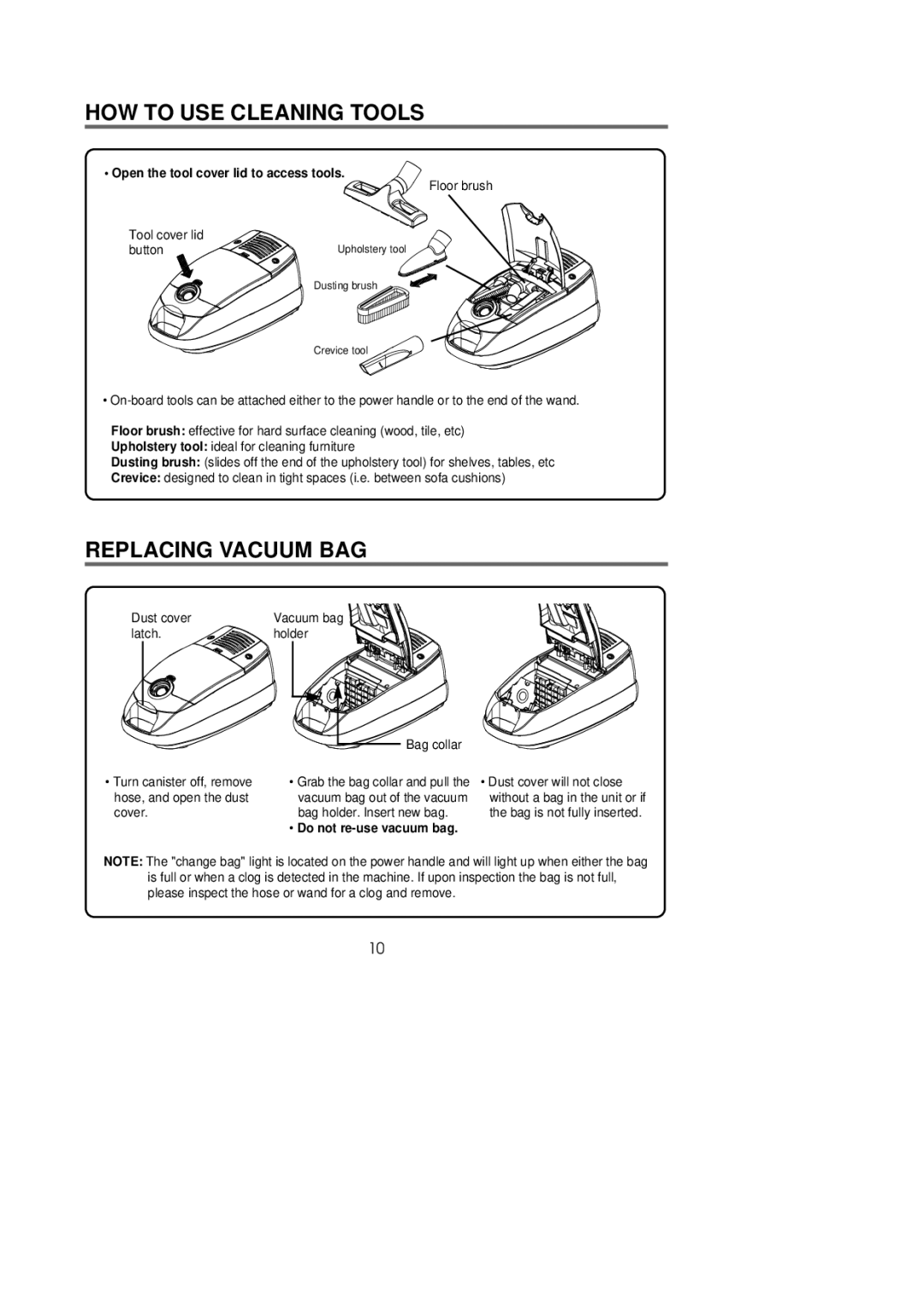 Riccar 1800 manual HOW to USE Cleaning Tools, Replacing Vacuum BAG, Open the tool cover lid to access tools 