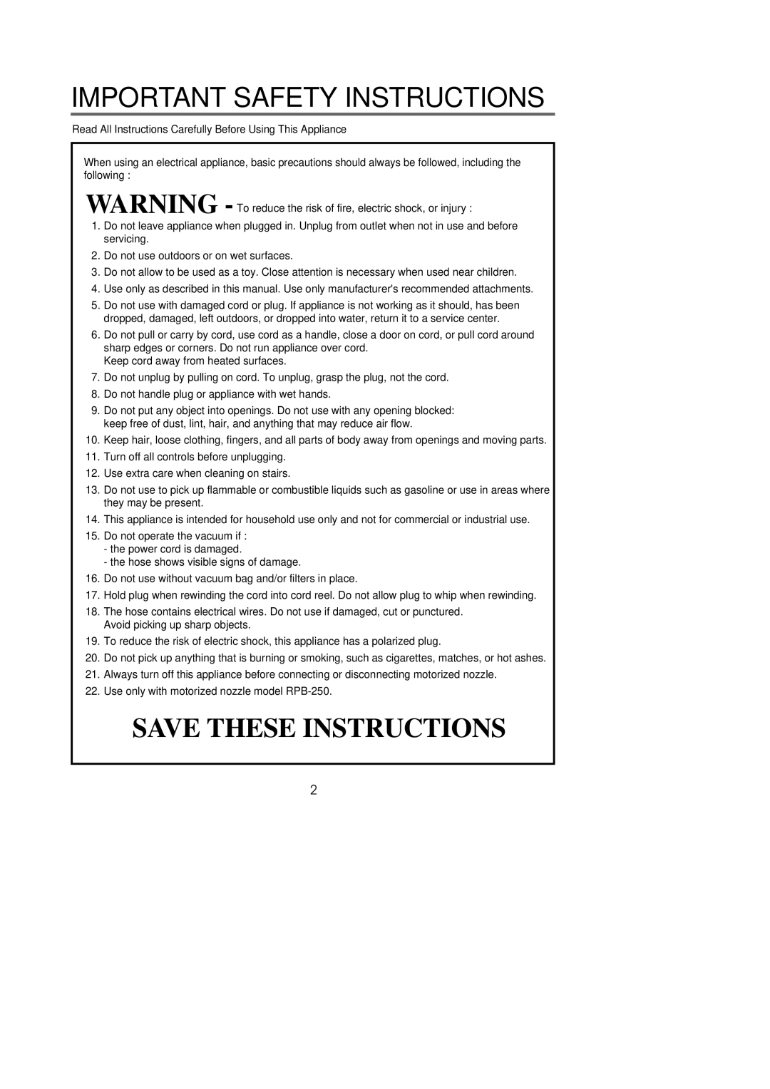 Riccar 1800 manual Important Safety Instructions 