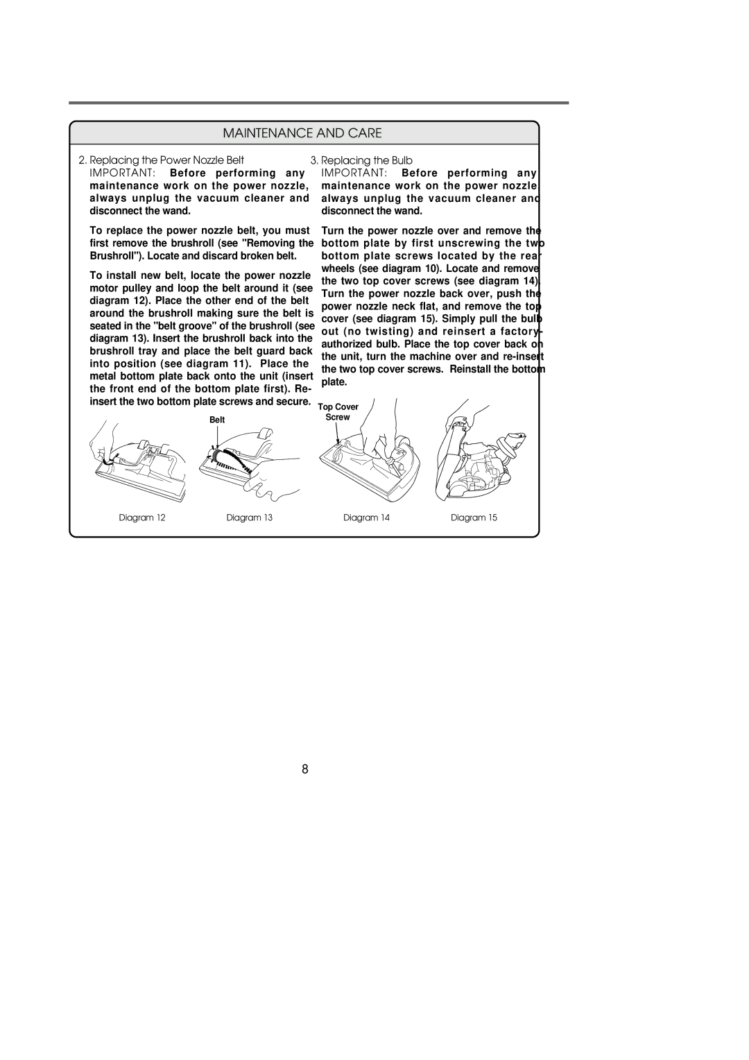 Riccar 1800 manual Replacing the Bulb 