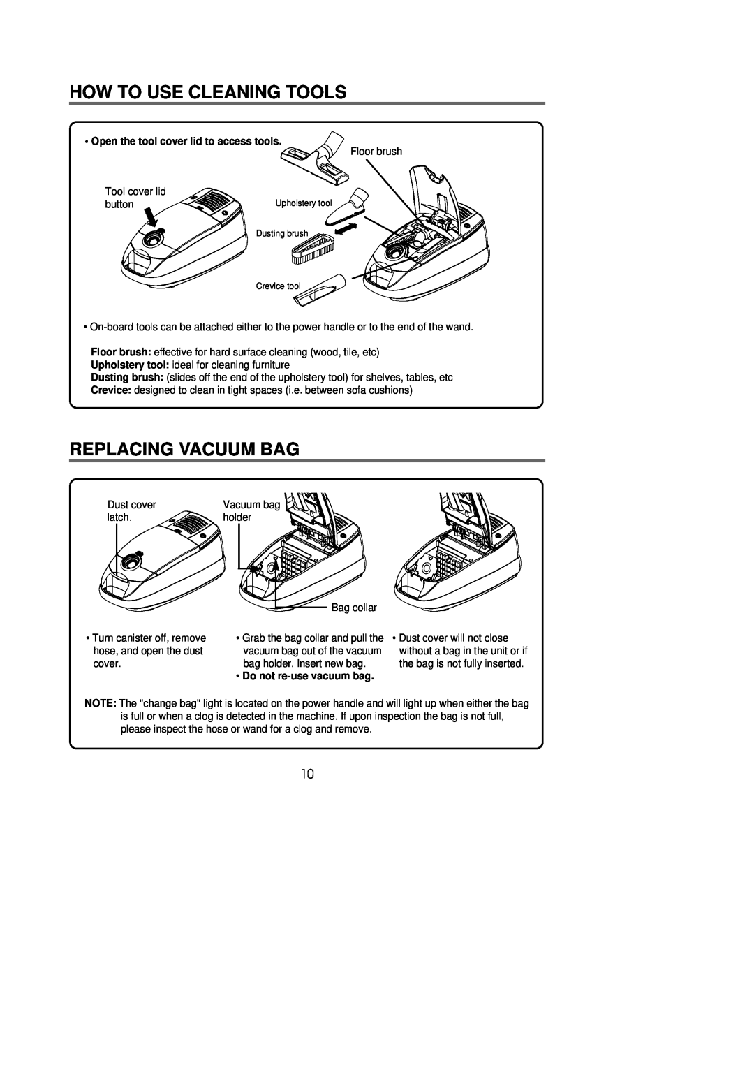 Riccar 1800 manual How To Use Cleaning Tools, Replacing Vacuum Bag, Open the tool cover lid to access tools 