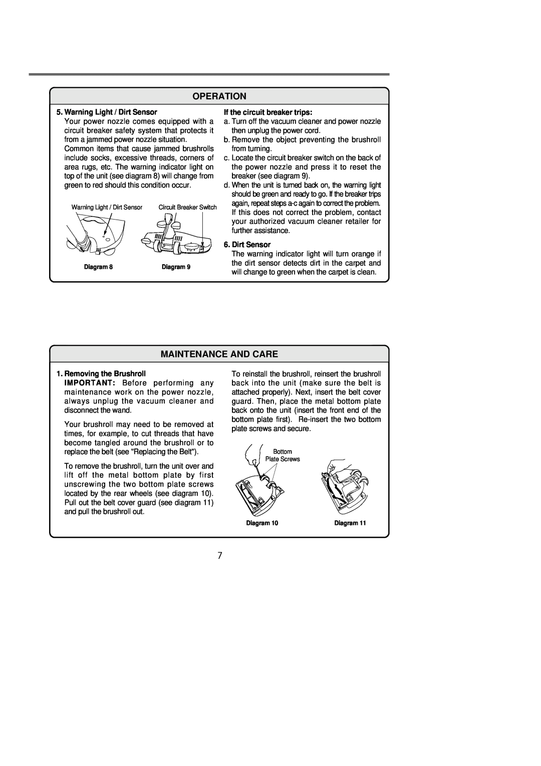 Riccar 1800 manual Operation, Maintenance And Care, Warning Light / Dirt Sensor, If the circuit breaker trips 