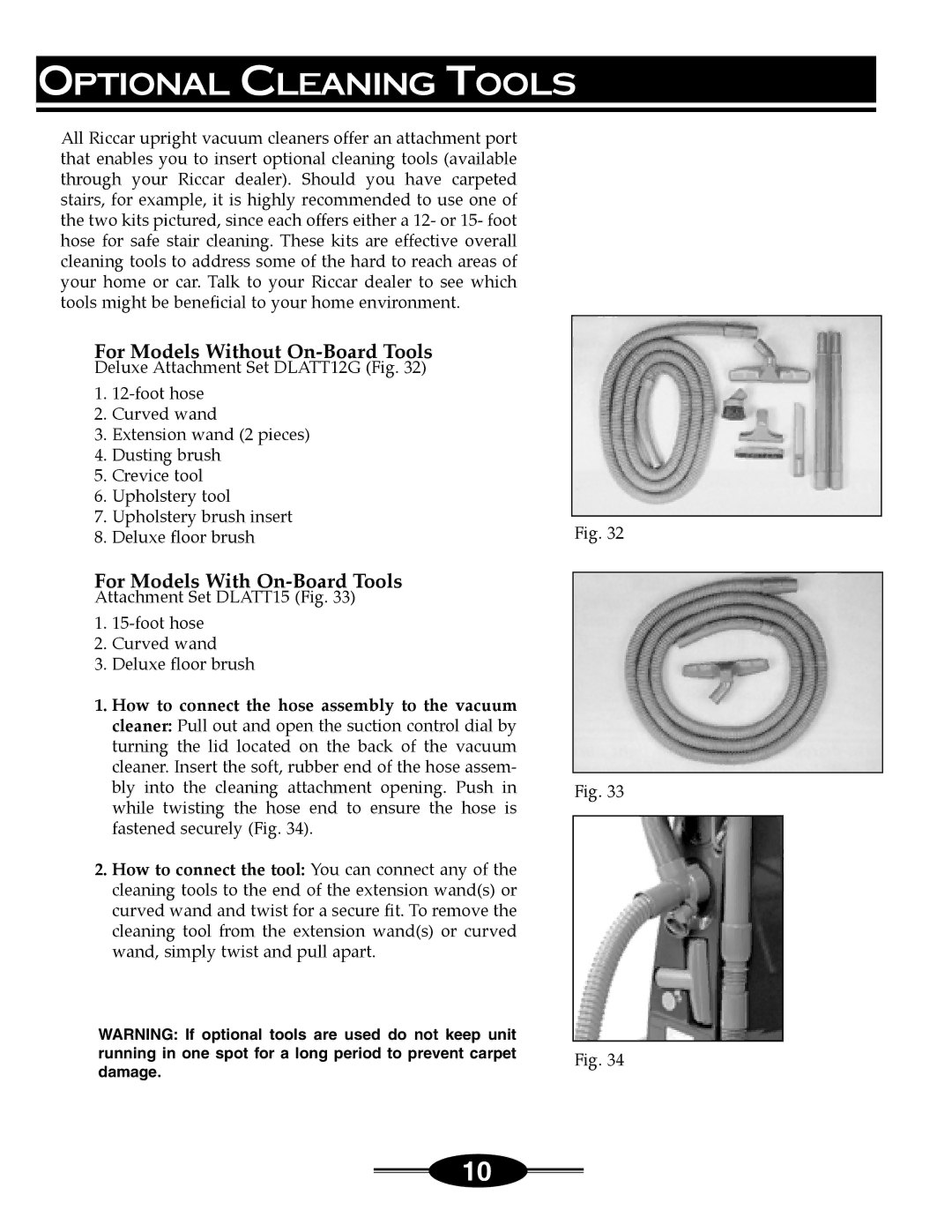 Riccar 4000 manual Optional Cleaning Tools, For Models Without On-Board Tools, For Models With On-Board Tools 