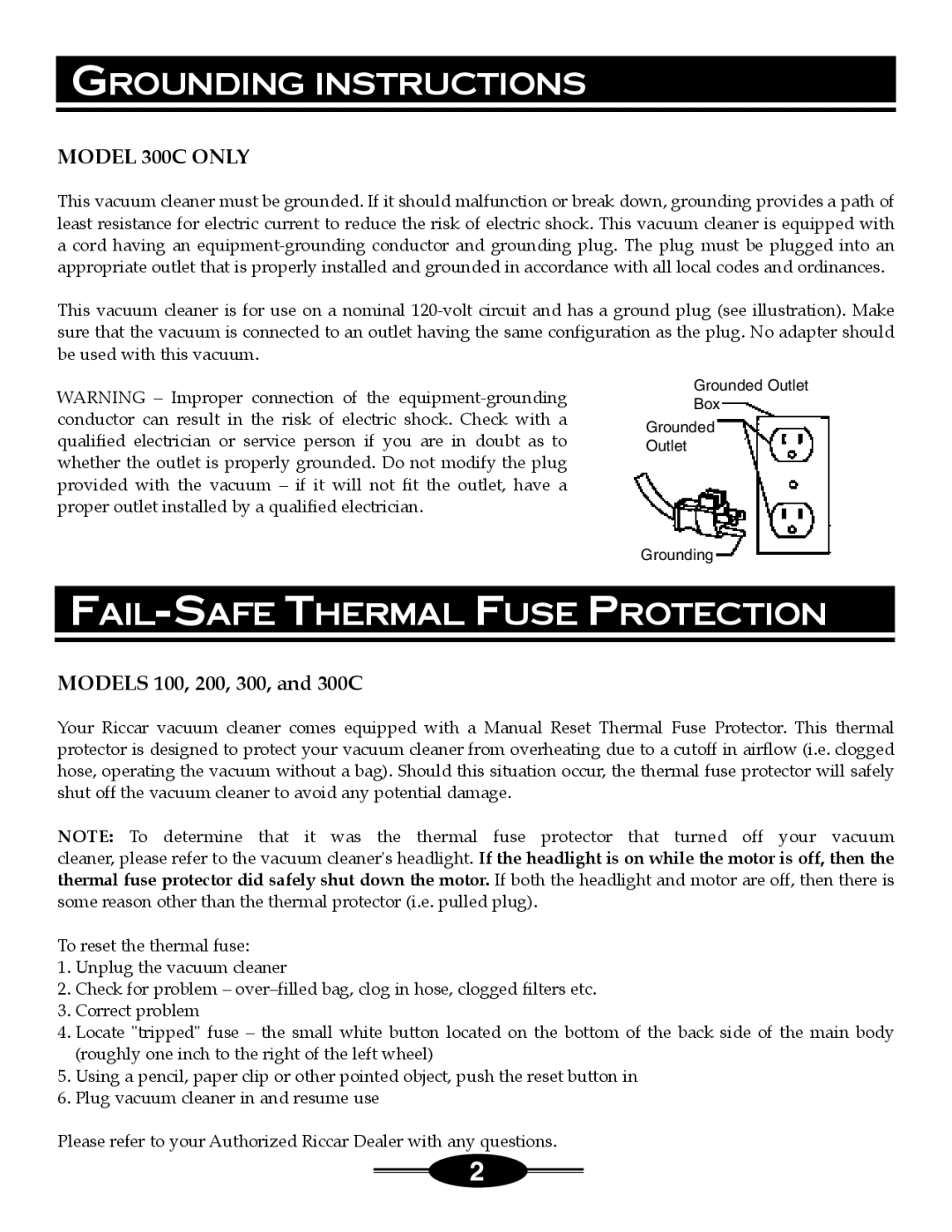 Riccar 4000 Grounding Instructions, FAIL-SAFE Thermal Fuse Protection, Model 300C only, Models 100, 200, 300, and 300C 