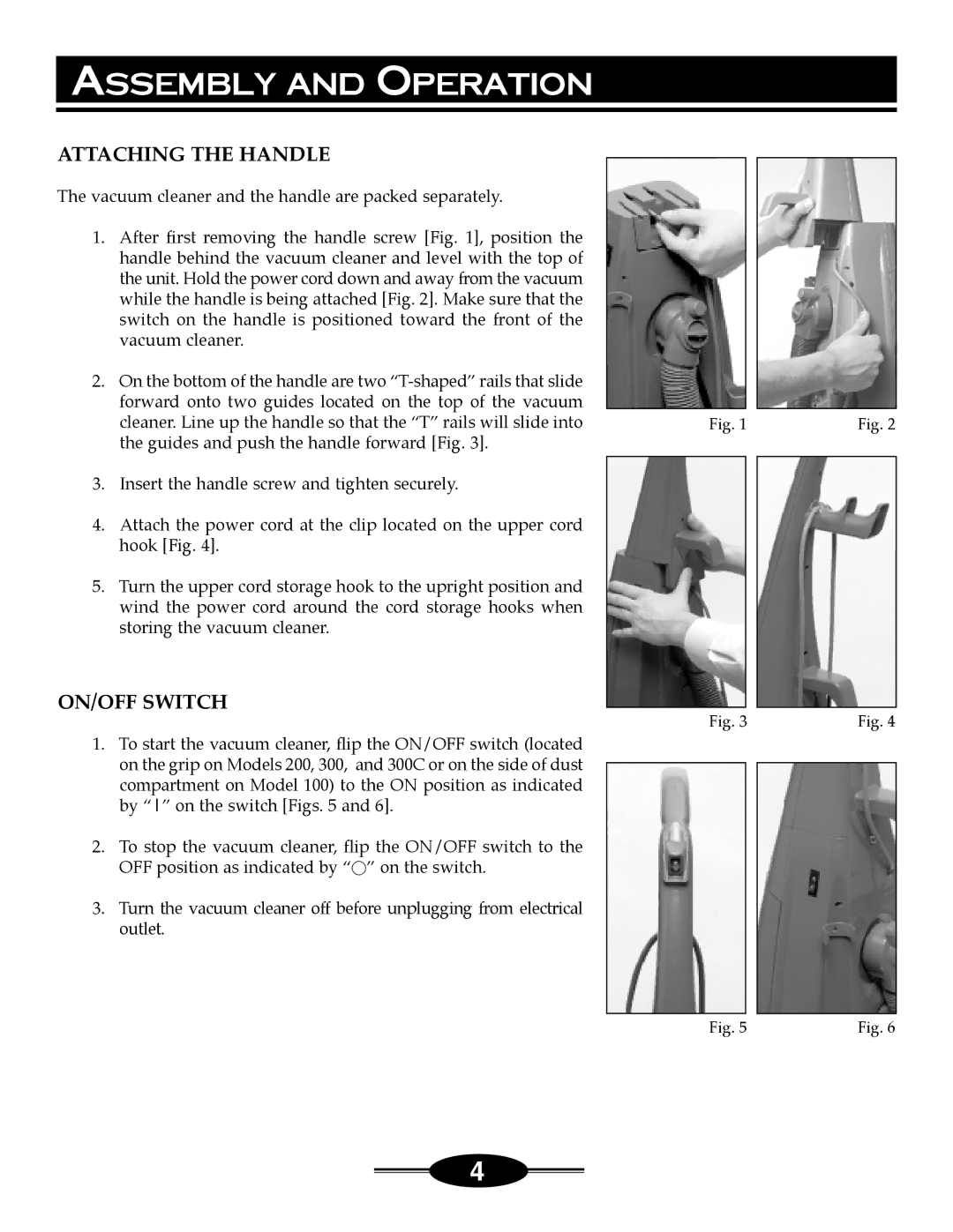 Riccar 4000 manual Assembly and Operation, Attaching the Handle, ON/OFF Switch 