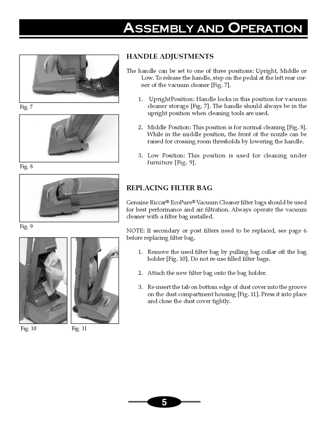 Riccar 4000 manual Handle Adjustments, Replacing Filter BAG 