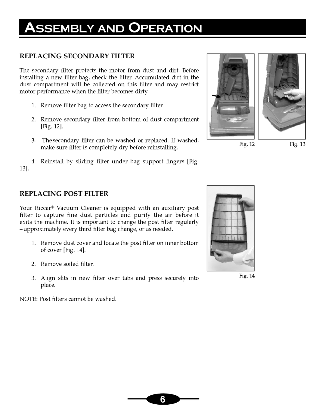 Riccar 4000 manual Replacing Secondary Filter, Replacing Post Filter 