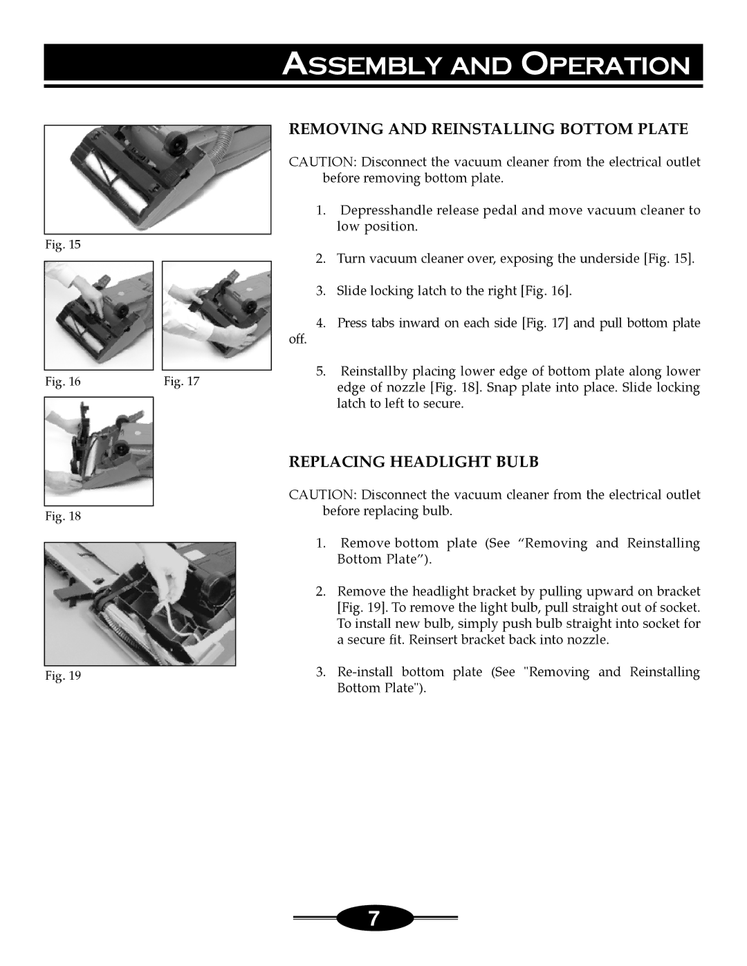 Riccar 4000 manual Removing and Reinstalling Bottom Plate, Replacing Headlight Bulb 