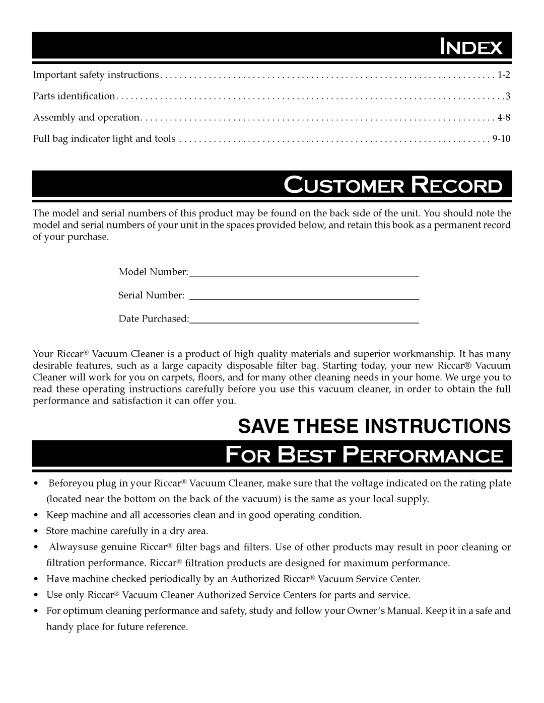 Riccar 4000 manual Index, Customer Record, For Best Performance, Save These Instructions 