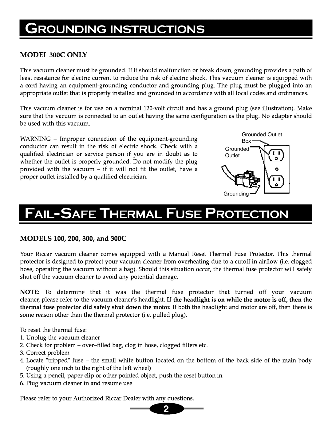 Riccar 4000 Grounding Instructions, Fail-Safe Thermal Fuse Protection, MODEL 300C ONLY, MODELS 100, 200, 300, and 300C 