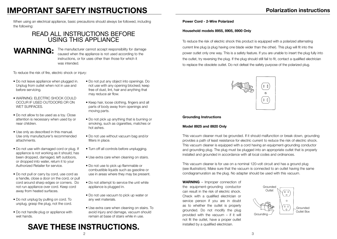 Riccar 8905, 8955, 8900 Series owner manual Polarization instructions, Grounding Instructions Model 8925 and 8920 Only 