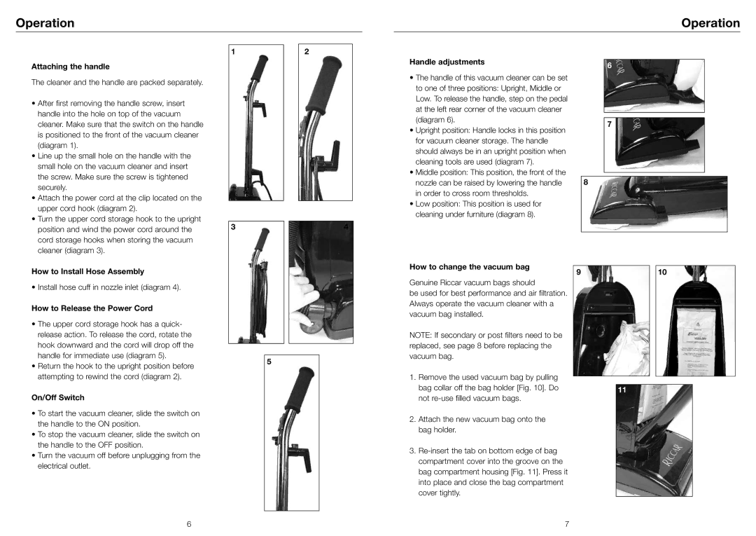 Riccar 8925, 8920, 8955, 8905, 8900 Series owner manual Operation 