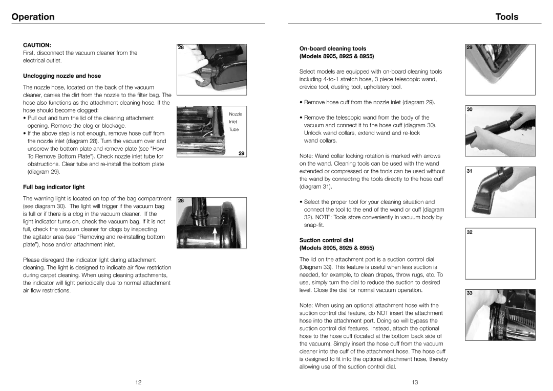 Riccar 8900 Operation Tools, Unclogging nozzle and hose, Full bag indicator light, Suction control dial Models 8905, 8925 