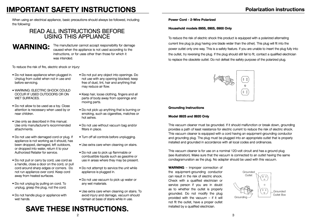 Riccar 8905, 8920, 8955, 8900 Series Polarization instructions, Important Safety Instructions, Save These Instructions 