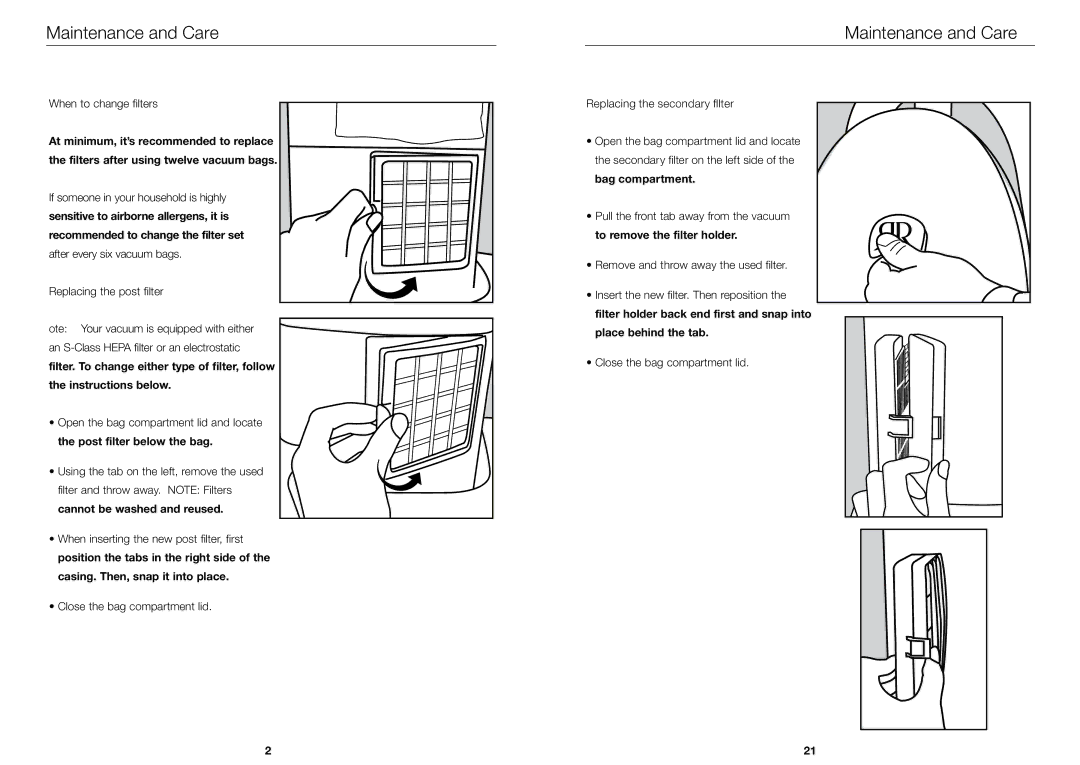 Riccar BRLD, BRLP, BRLS owner manual When to change filters, Replacing the post filter, Replacing the secondary filter 