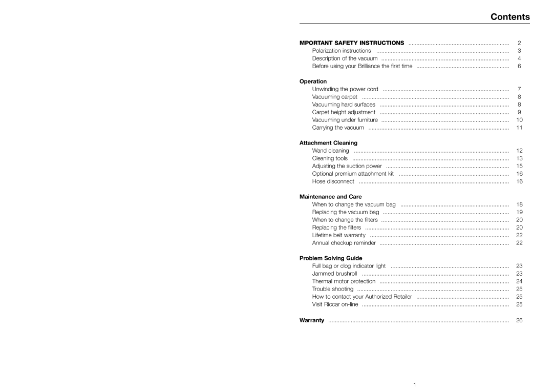 Riccar BRLS, BRLD, BRLP owner manual Contents 