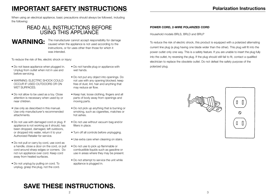 Riccar BRLD, BRLP, BRLS owner manual Important Safety Instructions, Polarization Instructions 