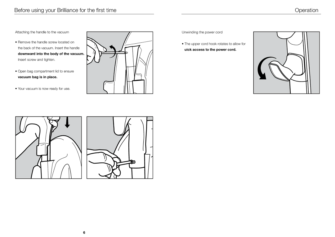 Riccar BRLS, BRLD, BRLP Before using your Brilliance for the first time, Operation, Attaching the handle to the vacuum 