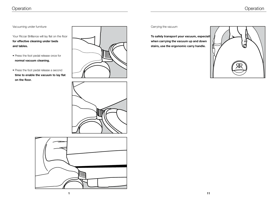 Riccar BRLP, BRLD, BRLS owner manual Vacuuming under furniture, Carrying the vacuum 