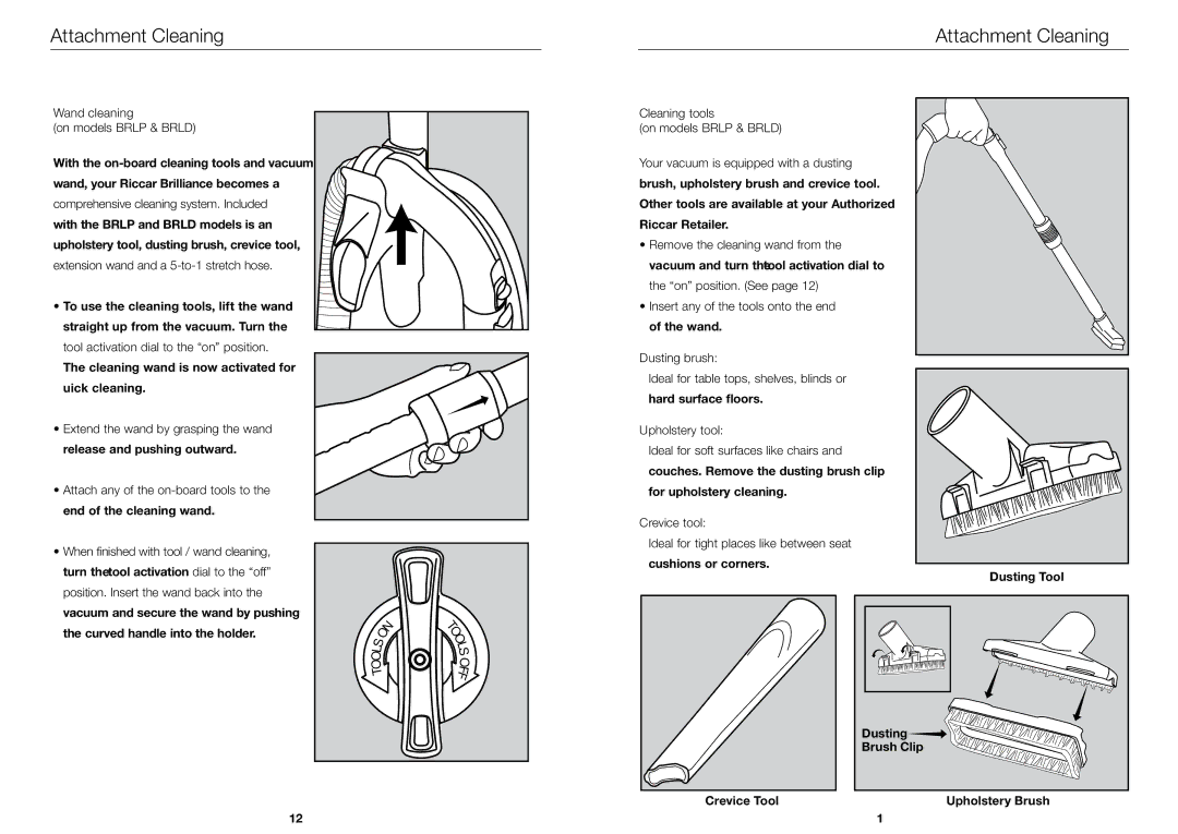 Riccar BRLS, BRLD, BRLP owner manual Attachment Cleaning 