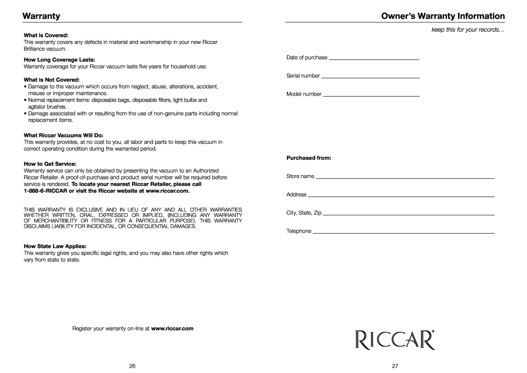 Riccar BRLD, BRLP, BRLS Owner’s Warranty Information, What is Covered, How Long Coverage Lasts, What is Not Covered 