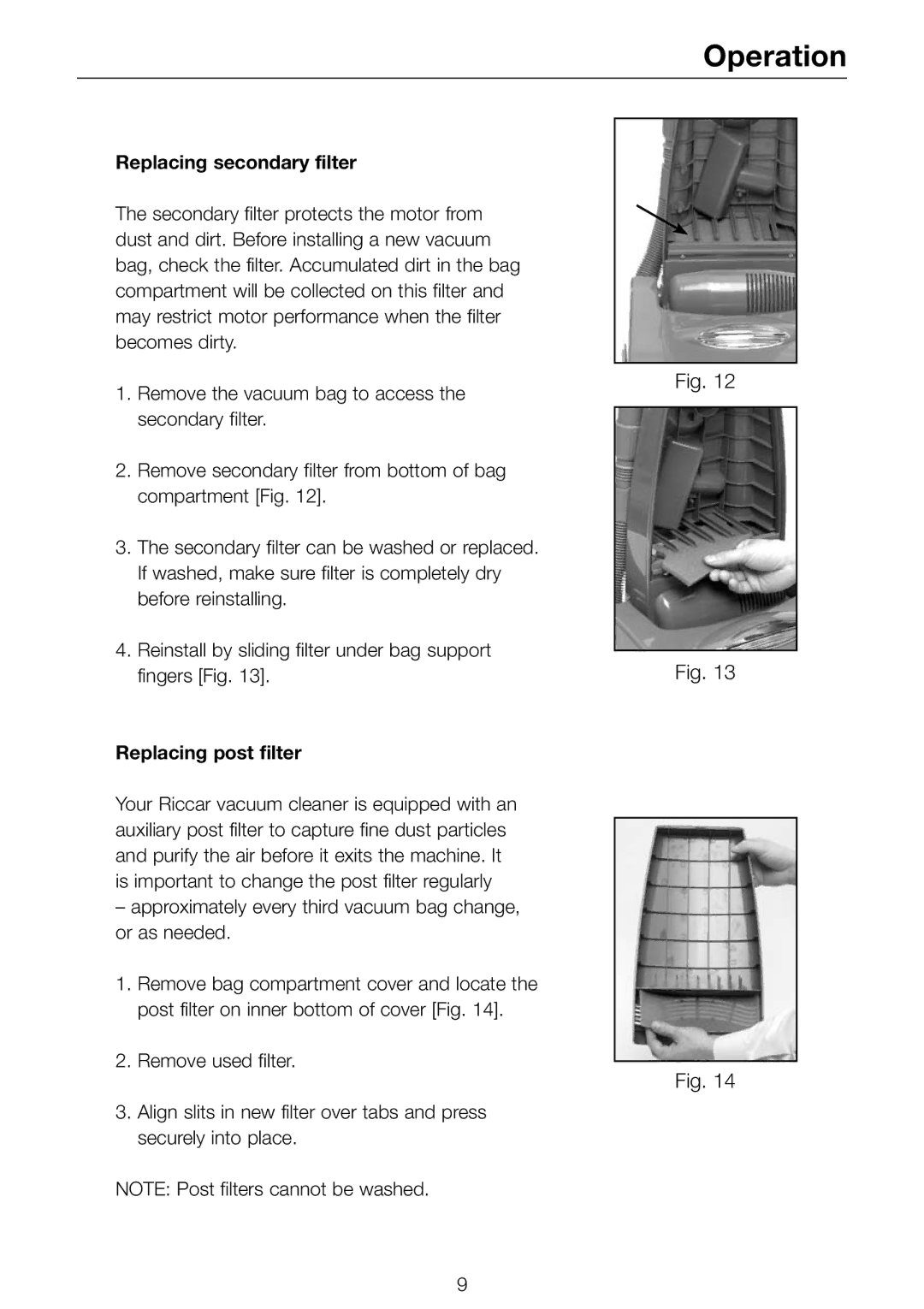 Riccar R500, R600, R800C, R700 owner manual Replacing secondary filter, Replacing post filter 