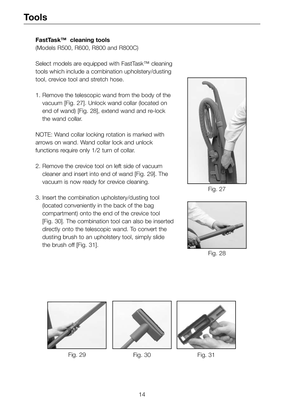 Riccar R500, R600, R800C, R700 owner manual Tools, FastTask cleaning tools 