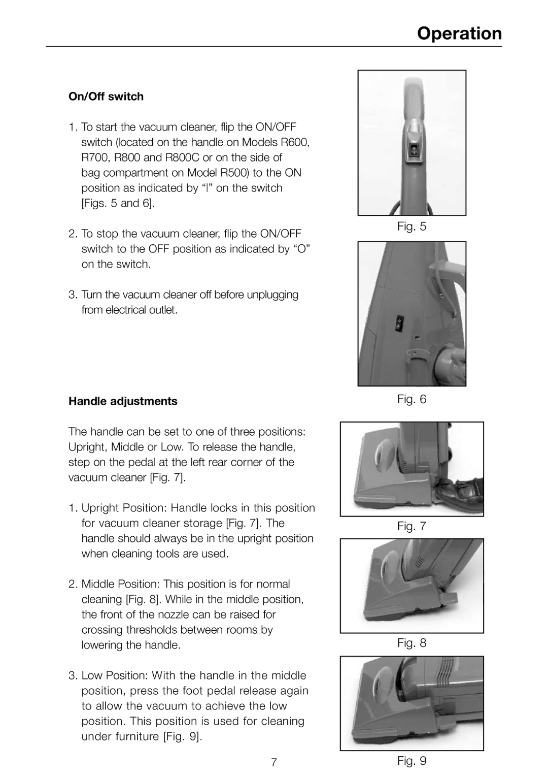 Riccar R500, R600, R800C, R700 owner manual On/Off switch, Handle adjustments 