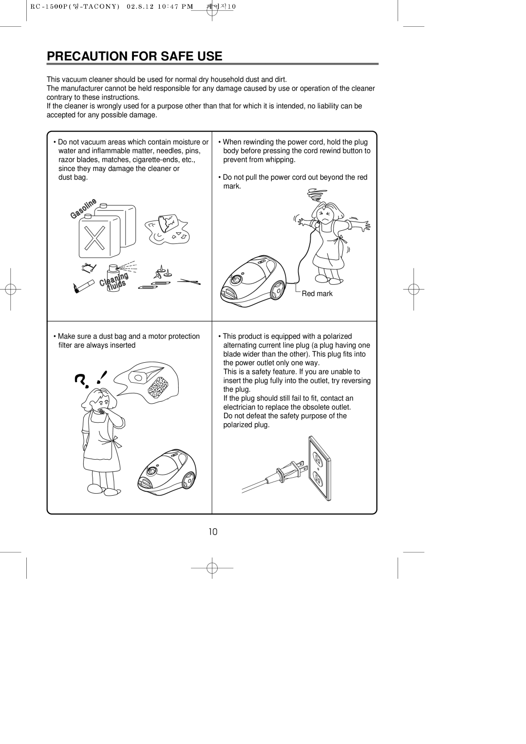 Riccar RC-1500P manual Precaution for Safe USE 