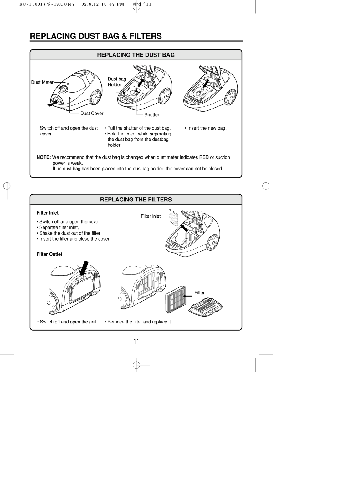 Riccar RC-1500P Replacing Dust BAG & Filters, Replacing the Dust BAG, Replacing the Filters, Filter Inlet, Filter Outlet 