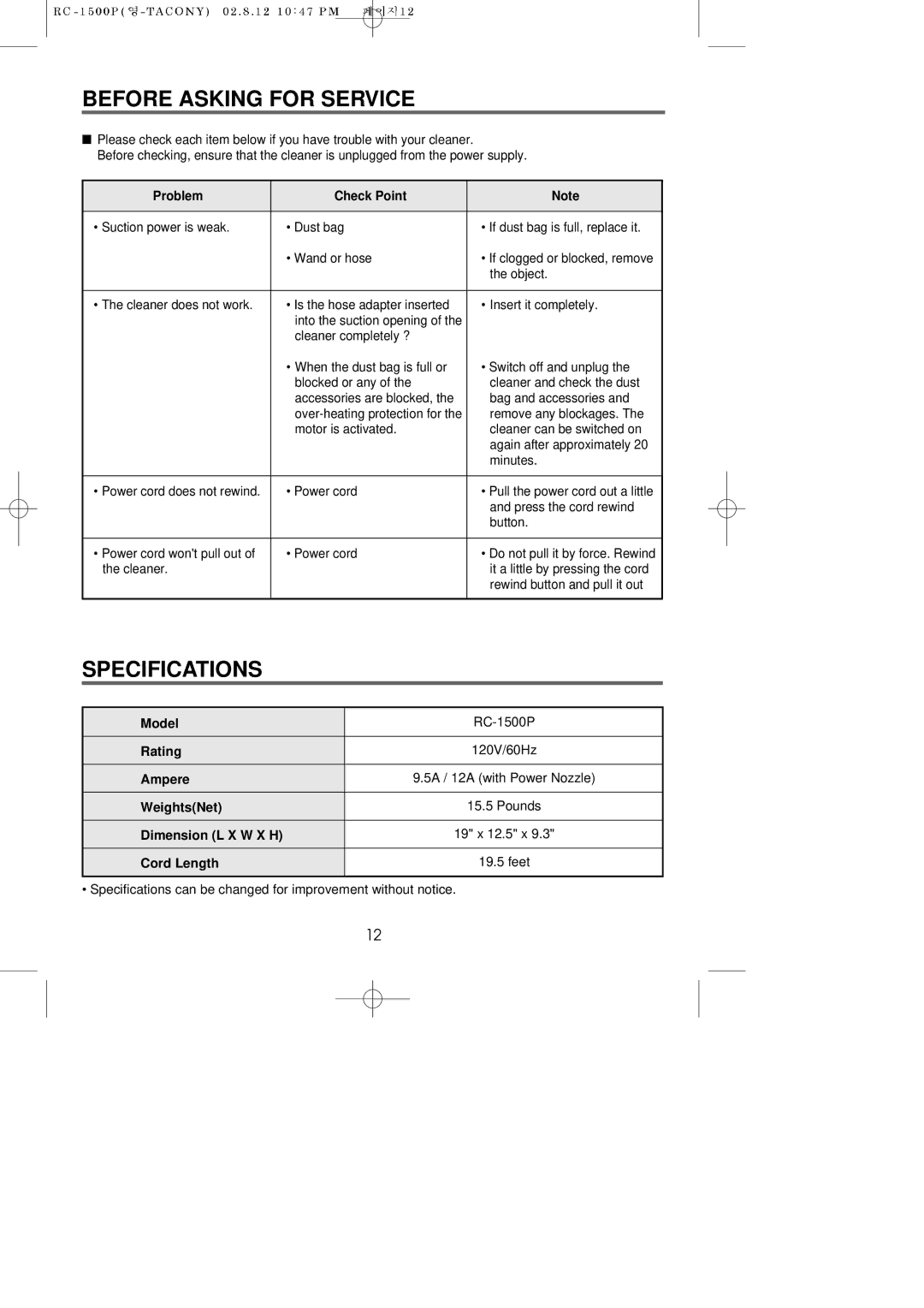 Riccar RC-1500P manual Before Asking for Service, Specifications, Problem Check Point 