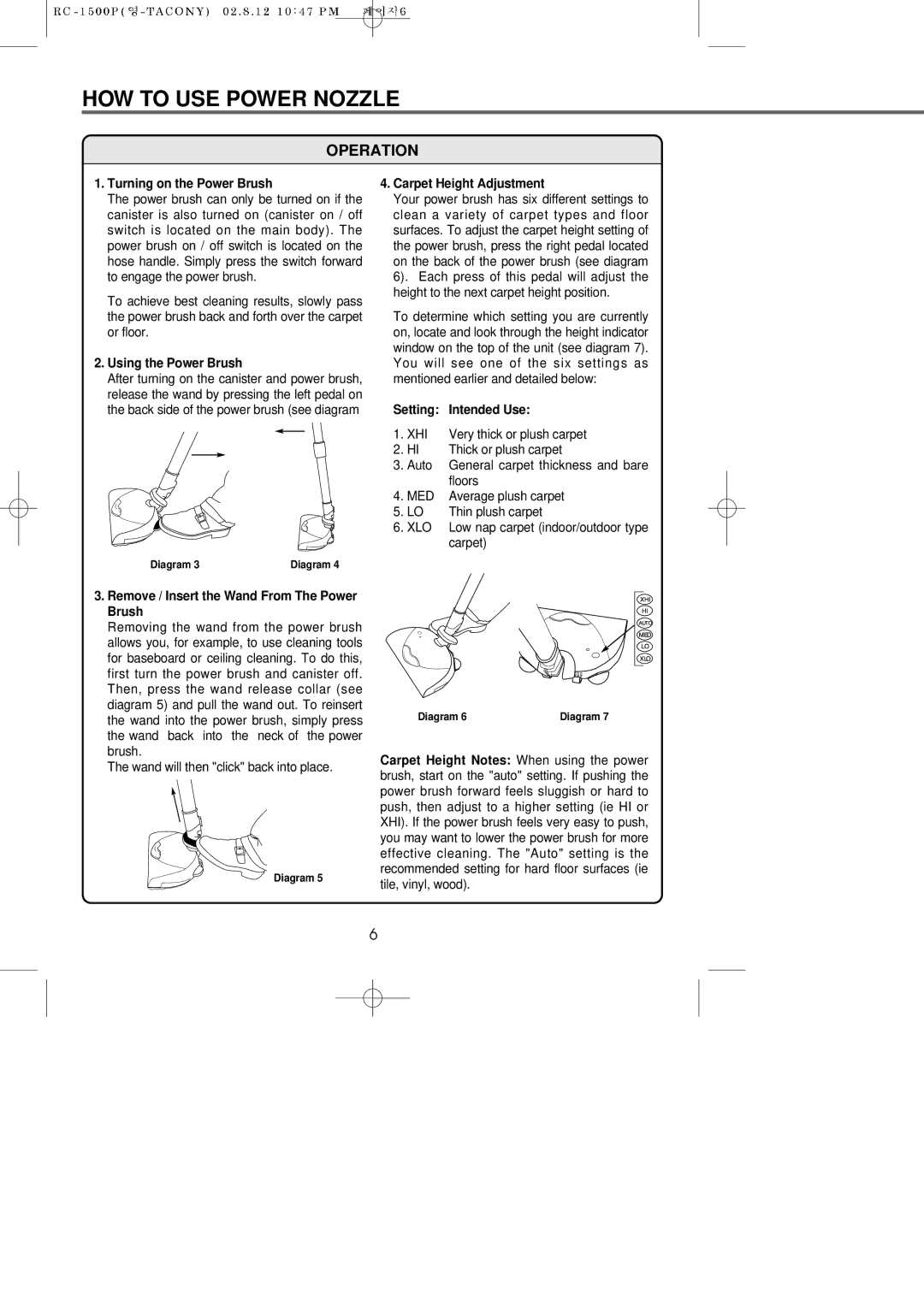 Riccar RC-1500P manual HOW to USE Power Nozzle, Operation 