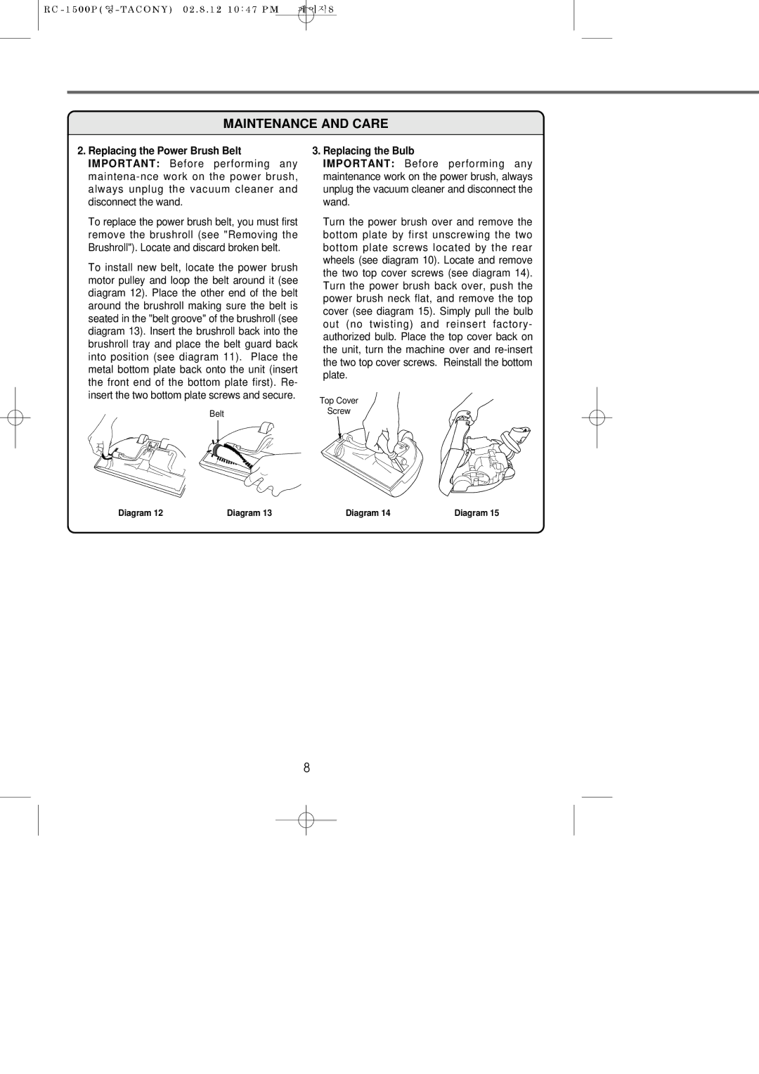 Riccar RC-1500P manual Replacing the Bulb 