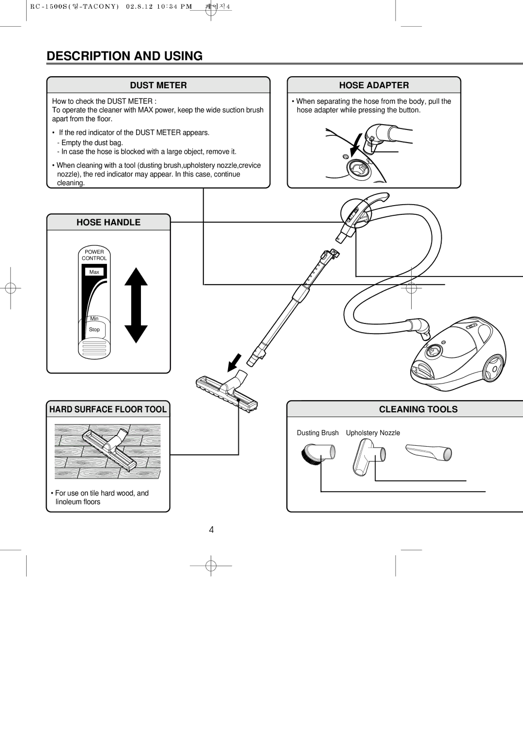 Riccar RC-1500S manual Description and Using, Dust Meter, Hose Adapter, Hose Handle, Hard Surface Floor Tool Cleaning Tools 